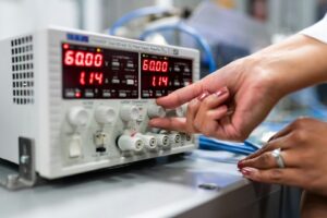 Bench power supply unit with digital voltage and current displays on an electronics workbench
